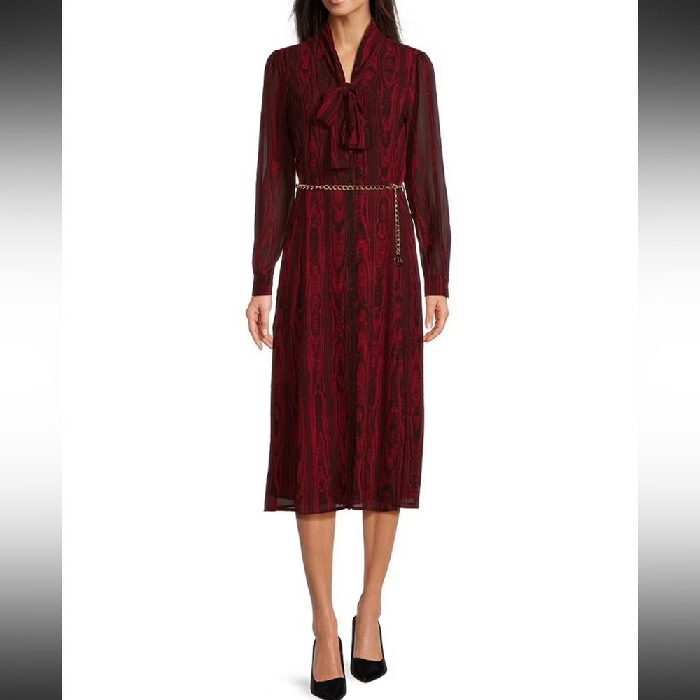 Michael Kors Red Black Moire Pattern V-Neck Long Sleeves A-Line Midi Dress, L